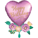 Folienballon Birthday Satin Heart with Flowers groß