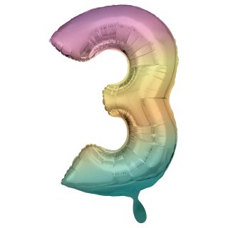 Folienballon Zahl 3 Regenbogen Pastel groß
