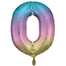Folienballon Zahl 0 Regenbogen Pastel gefüllt
